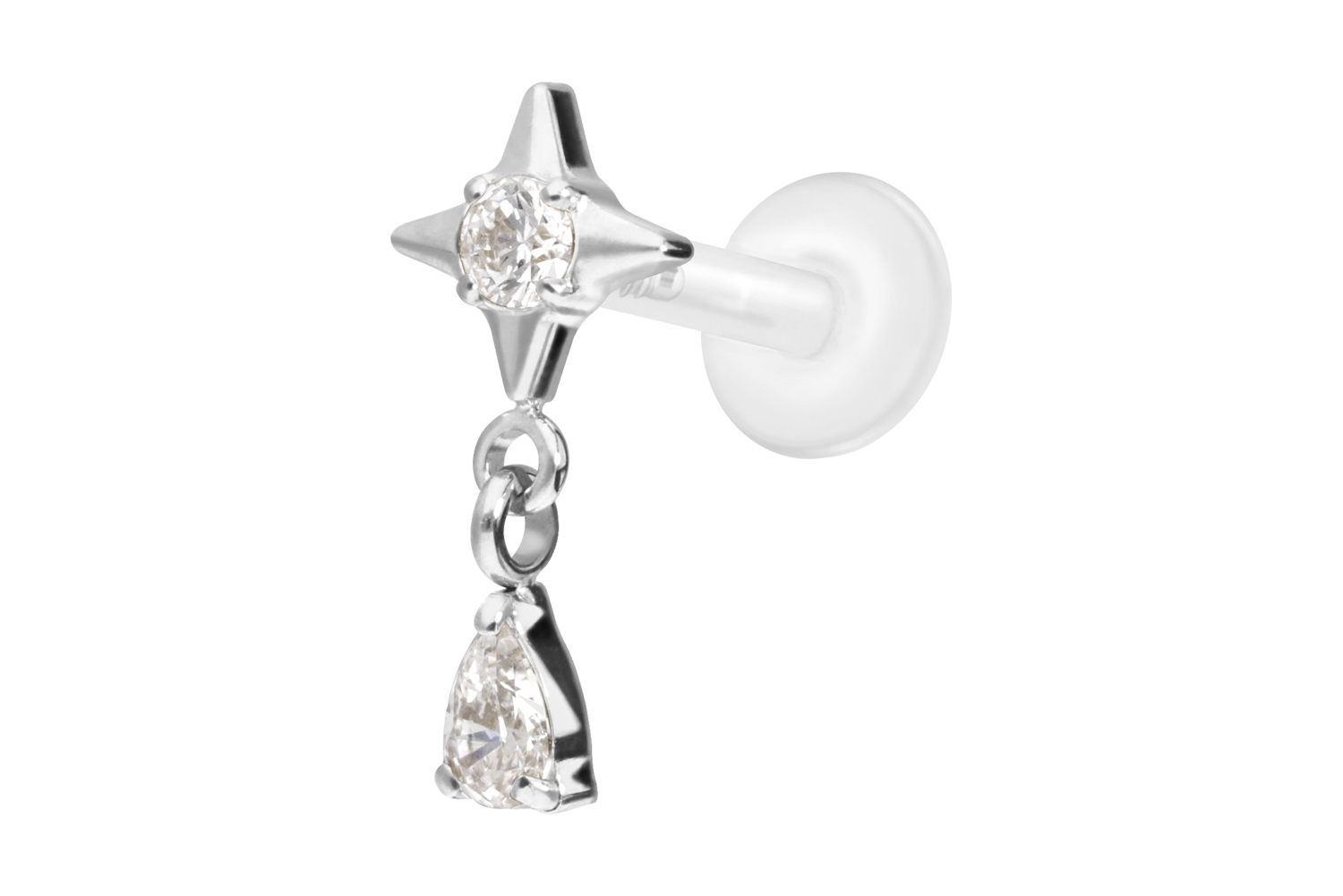 PTFE Labret Piercing mit Innengewinde + Titan-Aufsatz STERN + KRISTALLTROPFEN